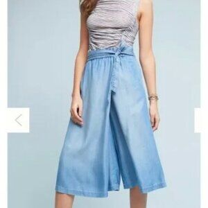 HOLDING HORSES Cropped Denim Chambray Culottes Light Wash Blue - Medium